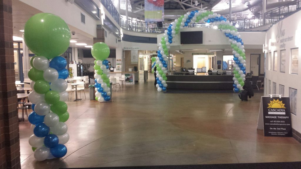 Columns & Large Balloon Arch In Pearl White, Pearl Sapphire Blue, With Lime Green