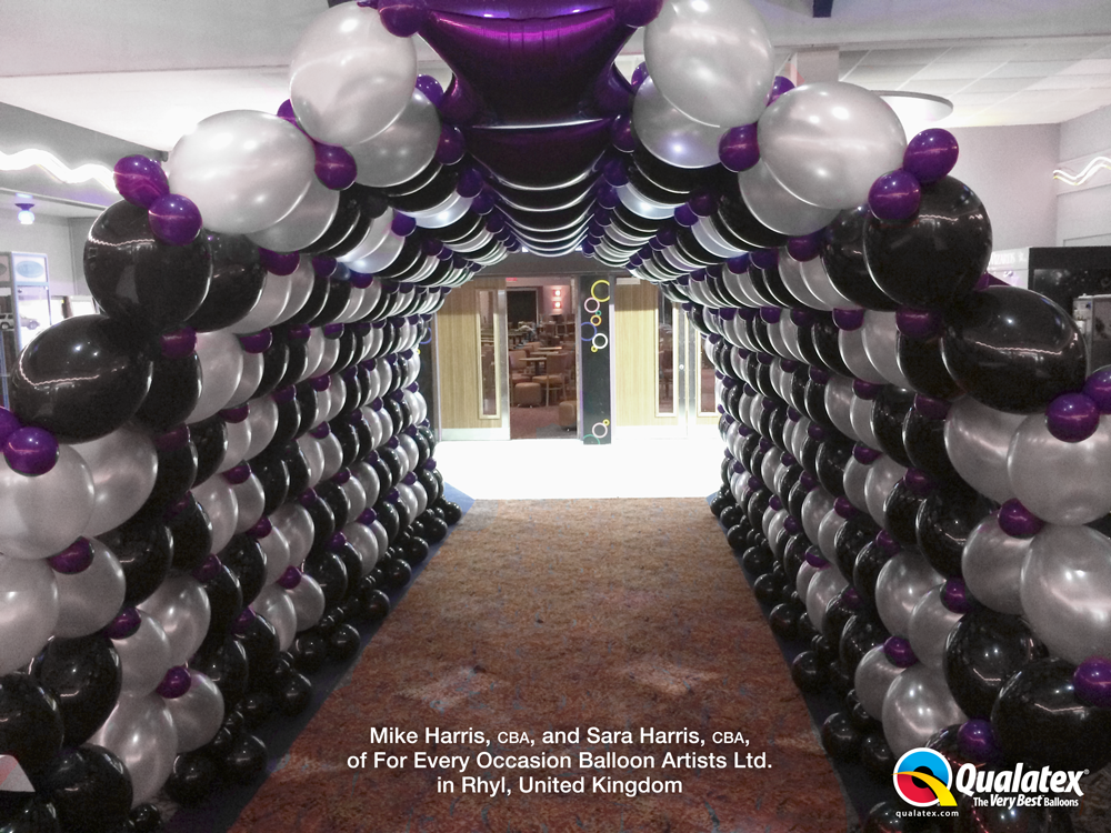 Custom Tunnel Balloon Arch In Black, Silver, & Quartz Purple Balloons