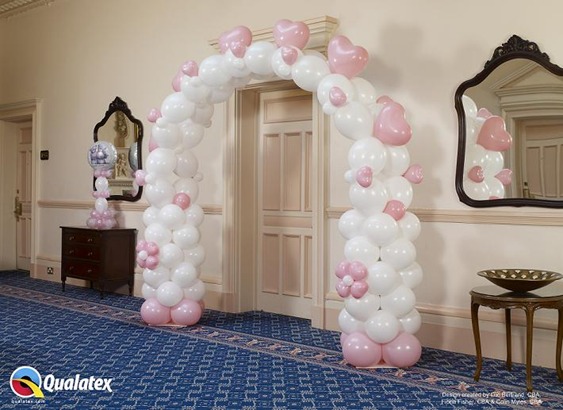 White & Pink  Wedding Balloon Archway With Mylar Balloon Hearts