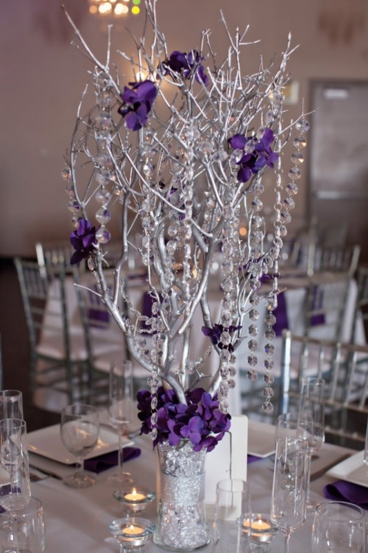 Crystal Tree Centrepiece With Purple Flower Blossoms