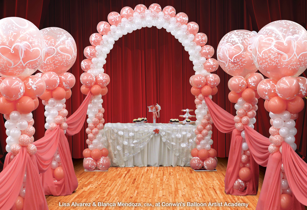 Wedding Symposium In Coral Pearl White And Clear Balloons